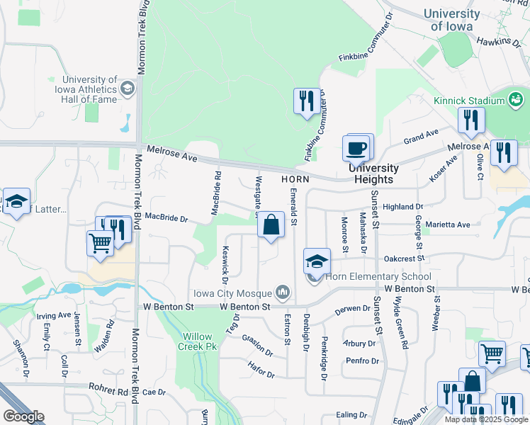 map of restaurants, bars, coffee shops, grocery stores, and more near 408 Westgate Street in Iowa City