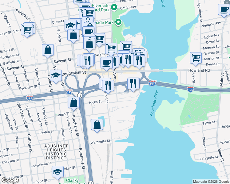 map of restaurants, bars, coffee shops, grocery stores, and more near 8 Washburn Street in New Bedford