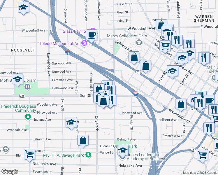 map of restaurants, bars, coffee shops, grocery stores, and more near 514 Palmwood Avenue in Toledo