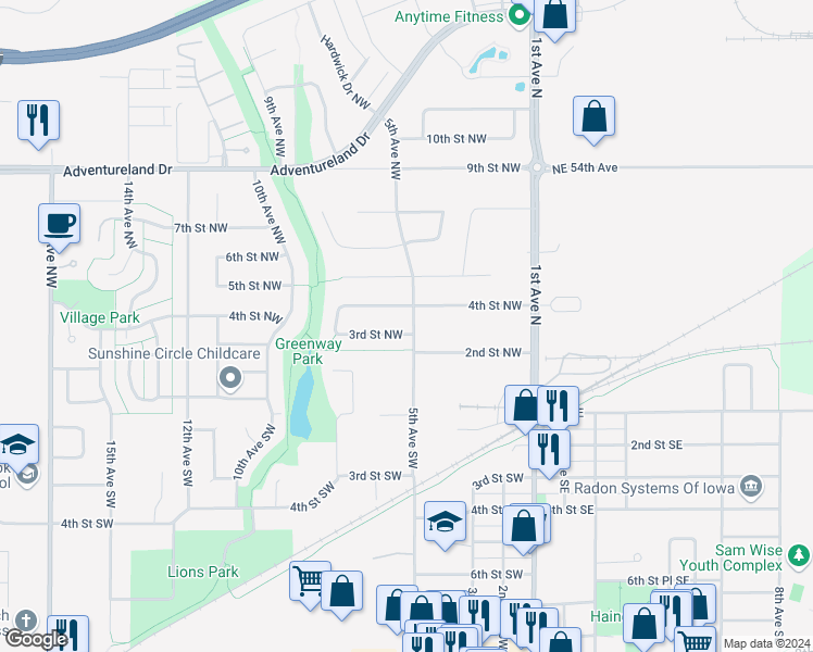 map of restaurants, bars, coffee shops, grocery stores, and more near 218 5th Avenue Northwest in Altoona