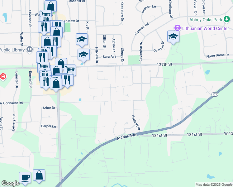 map of restaurants, bars, coffee shops, grocery stores, and more near 1436 Ashbury Drive in Lemont