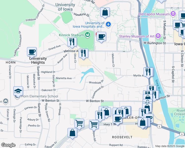 map of restaurants, bars, coffee shops, grocery stores, and more near 719 Oakcrest Street in Iowa City