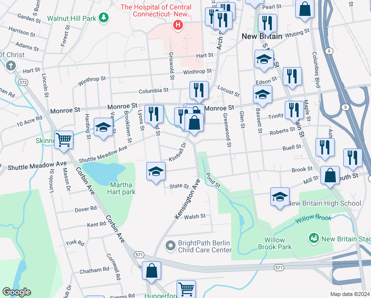 map of restaurants, bars, coffee shops, grocery stores, and more near 22 Kimball Drive in New Britain