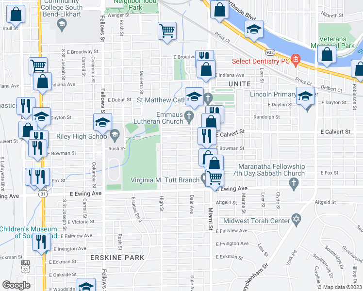 map of restaurants, bars, coffee shops, grocery stores, and more near 909 East Bowman Street in South Bend