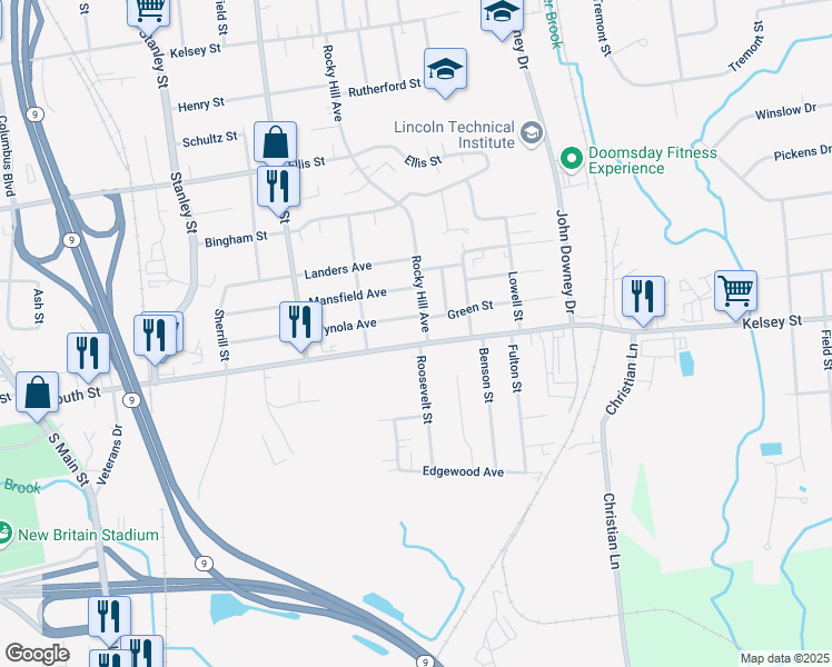 map of restaurants, bars, coffee shops, grocery stores, and more near 349 Rocky Hill Avenue in New Britain