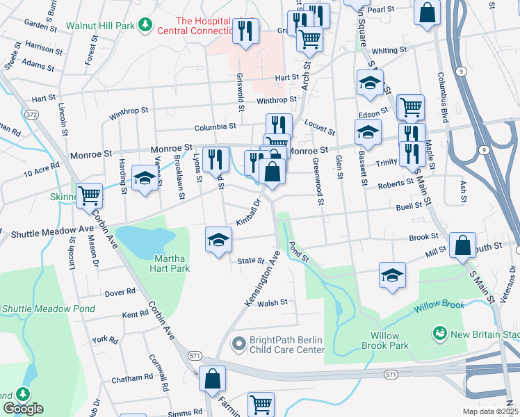 map of restaurants, bars, coffee shops, grocery stores, and more near 24 Kimball Drive in New Britain