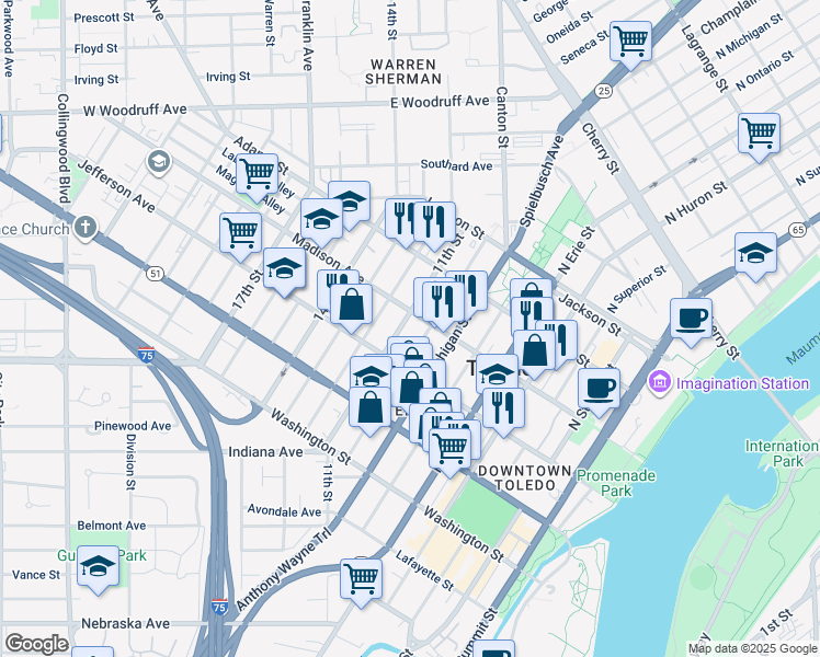map of restaurants, bars, coffee shops, grocery stores, and more near 1001 Madison Avenue in Toledo