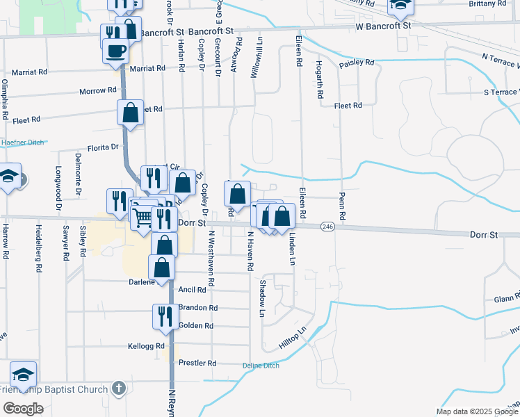 map of restaurants, bars, coffee shops, grocery stores, and more near 1599 Twin Oaks Drive in Toledo