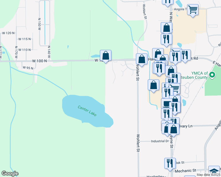 map of restaurants, bars, coffee shops, grocery stores, and more near 701 West Harcourt Road in Angola