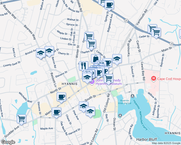 map of restaurants, bars, coffee shops, grocery stores, and more near 45 North Street in Barnstable