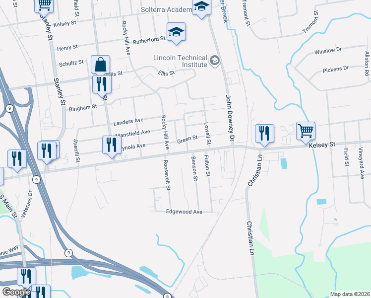 map of restaurants, bars, coffee shops, grocery stores, and more near 465 South Street in New Britain