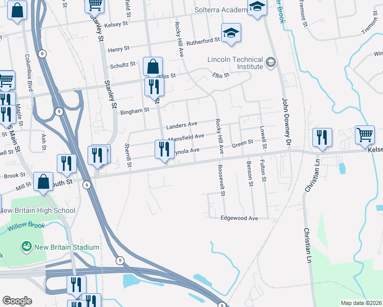 map of restaurants, bars, coffee shops, grocery stores, and more near 384 South Street in New Britain