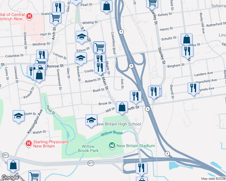 map of restaurants, bars, coffee shops, grocery stores, and more near 416 South Main Street in New Britain