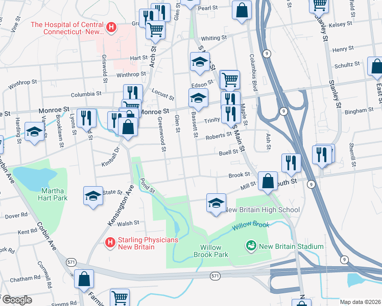 map of restaurants, bars, coffee shops, grocery stores, and more near 120 Buell Street in New Britain