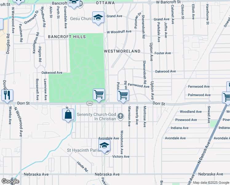 map of restaurants, bars, coffee shops, grocery stores, and more near 1315 Potomac Drive in Toledo