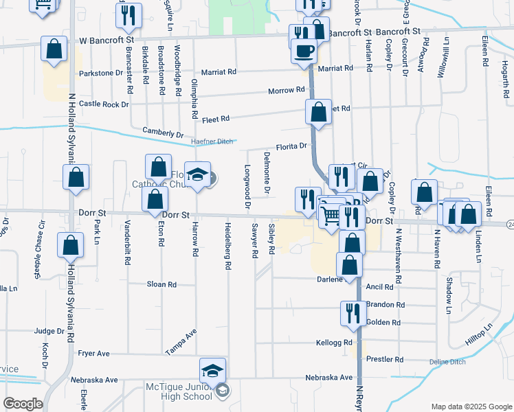 map of restaurants, bars, coffee shops, grocery stores, and more near 5505 Dorr Street in Toledo