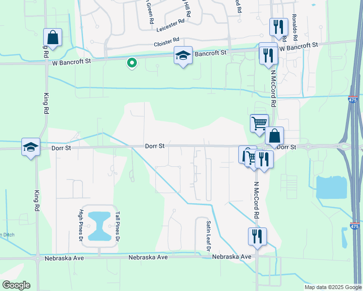 map of restaurants, bars, coffee shops, grocery stores, and more near 7053 Dorr Street in Toledo