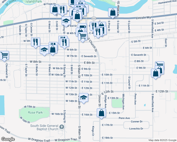 map of restaurants, bars, coffee shops, grocery stores, and more near 126 East 10th Street in Mishawaka