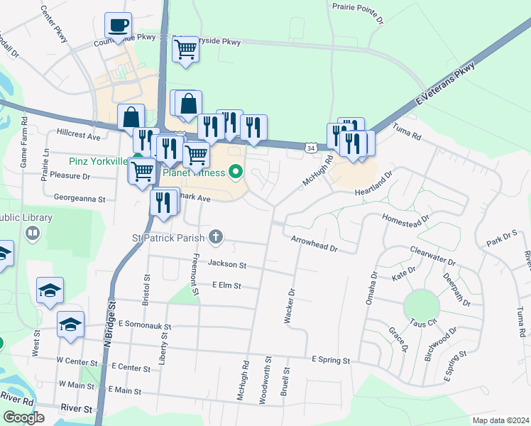 map of restaurants, bars, coffee shops, grocery stores, and more near 419 Walnut Street in Yorkville