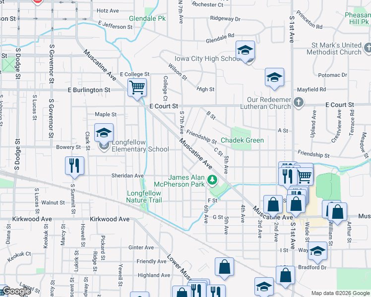 map of restaurants, bars, coffee shops, grocery stores, and more near 709 South 7th Avenue in Iowa City