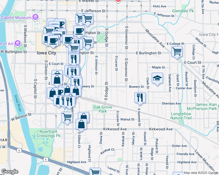 map of restaurants, bars, coffee shops, grocery stores, and more near 626 South Dodge Street in Iowa City