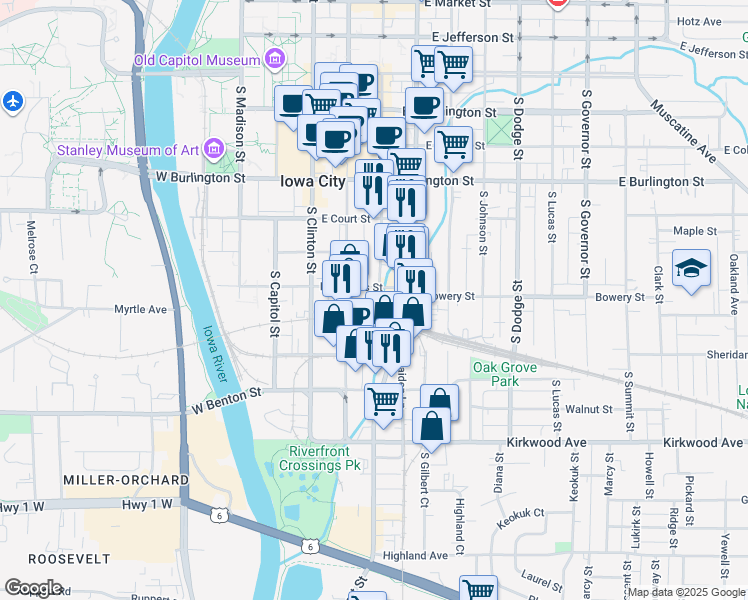 map of restaurants, bars, coffee shops, grocery stores, and more near 625 South Gilbert Street in Iowa City