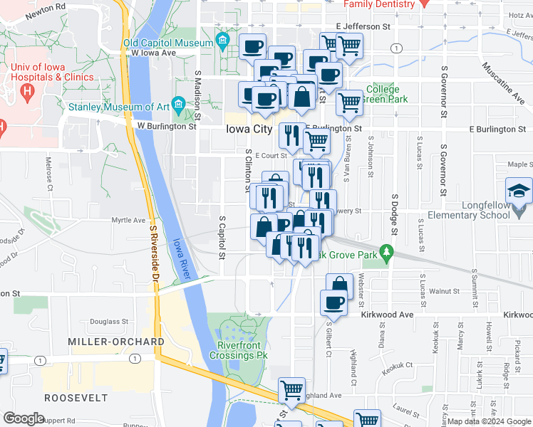 map of restaurants, bars, coffee shops, grocery stores, and more near 628 South Dubuque Street in Iowa City