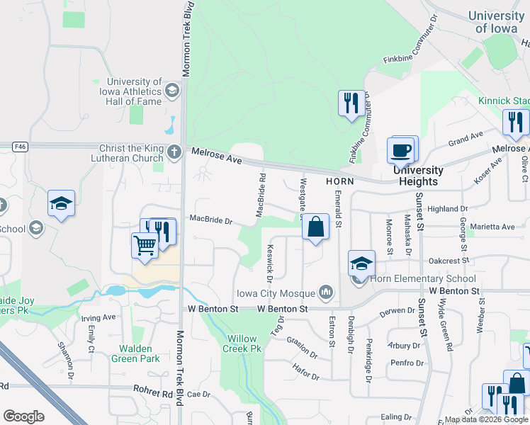 map of restaurants, bars, coffee shops, grocery stores, and more near 417-427 Macbride Road in Iowa City