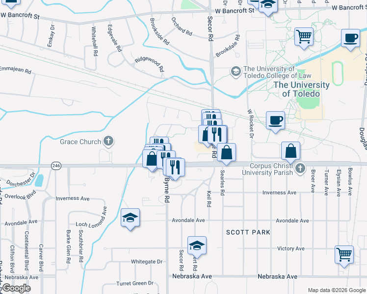 map of restaurants, bars, coffee shops, grocery stores, and more near 3414 Dorr Street in Toledo