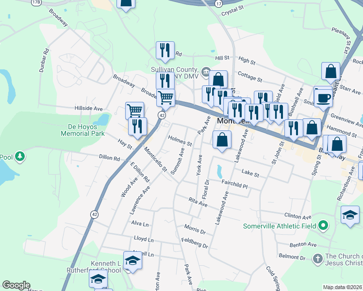 map of restaurants, bars, coffee shops, grocery stores, and more near 14 Summit Avenue in Monticello