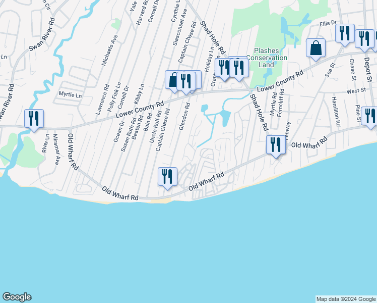 map of restaurants, bars, coffee shops, grocery stores, and more near 184 Old Wharf Road in Dennis
