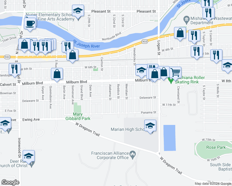 map of restaurants, bars, coffee shops, grocery stores, and more near 809 Reddick Street in Mishawaka