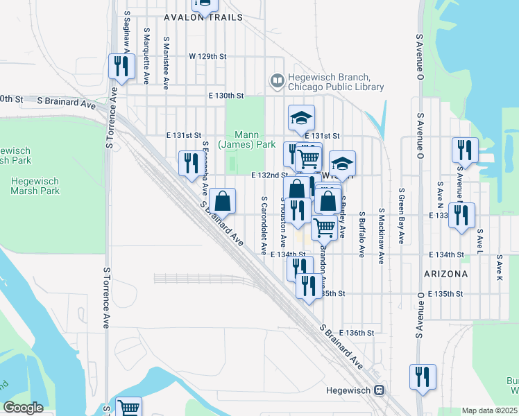 map of restaurants, bars, coffee shops, grocery stores, and more near 13250 South Carondolet Avenue in Chicago