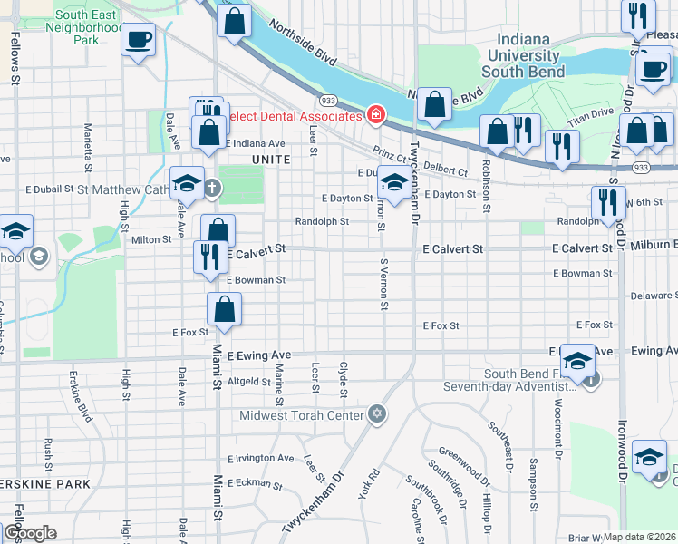 map of restaurants, bars, coffee shops, grocery stores, and more near 18 Clyde Street in South Bend