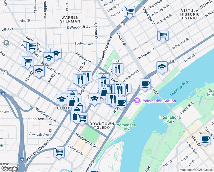 map of restaurants, bars, coffee shops, grocery stores, and more near 619 Adams Street in Toledo