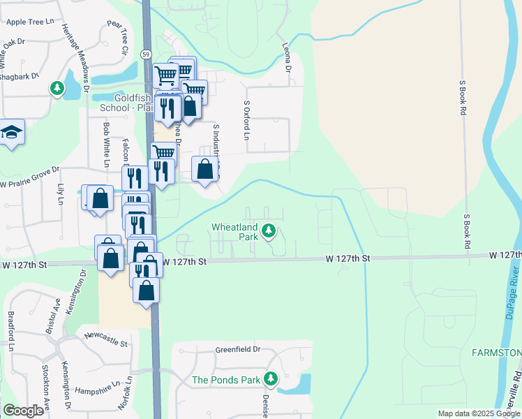 map of restaurants, bars, coffee shops, grocery stores, and more near 23710 Springs Court in Plainfield