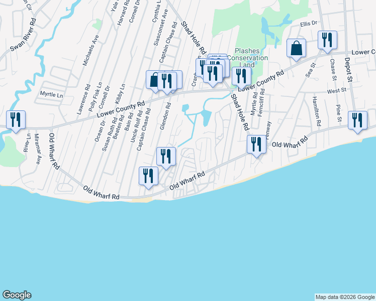 map of restaurants, bars, coffee shops, grocery stores, and more near 230 Old Wharf Road in Dennis