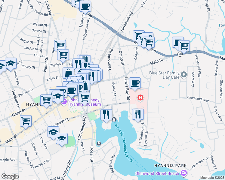 map of restaurants, bars, coffee shops, grocery stores, and more near 60 School Street in Barnstable