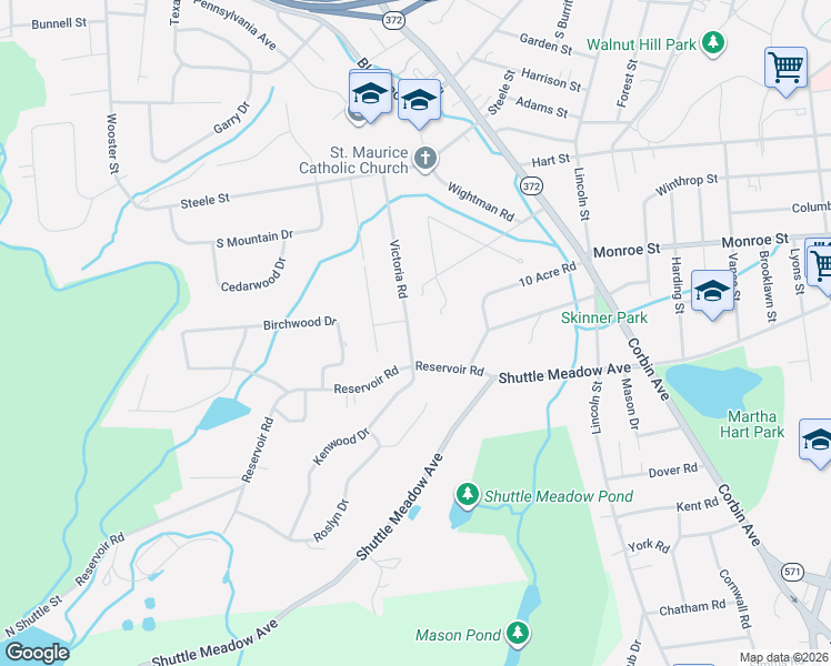 map of restaurants, bars, coffee shops, grocery stores, and more near 170 Victoria Road in New Britain