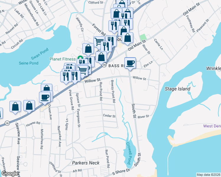 map of restaurants, bars, coffee shops, grocery stores, and more near 113 Grove Street in Yarmouth