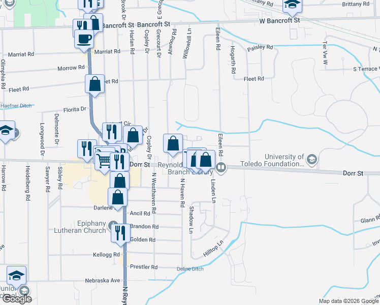 map of restaurants, bars, coffee shops, grocery stores, and more near 1599 Twin Oaks Drive in Toledo