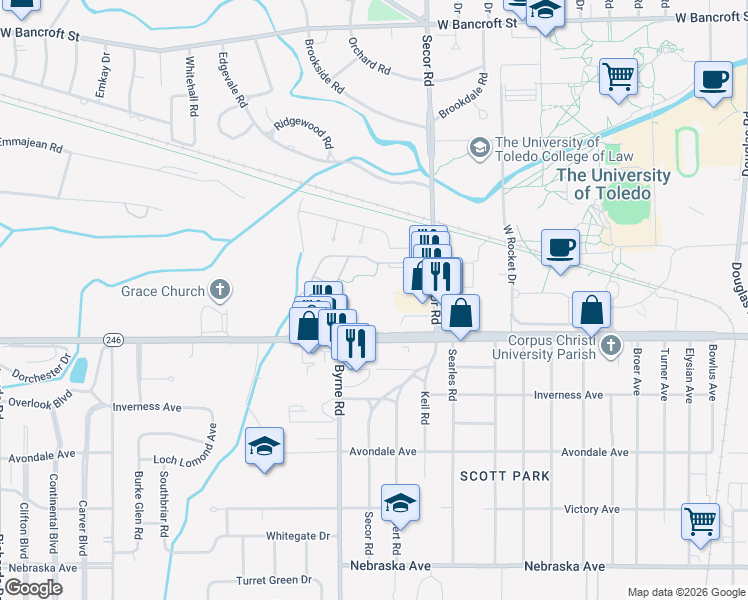 map of restaurants, bars, coffee shops, grocery stores, and more near 3414 Dorr Street in Toledo