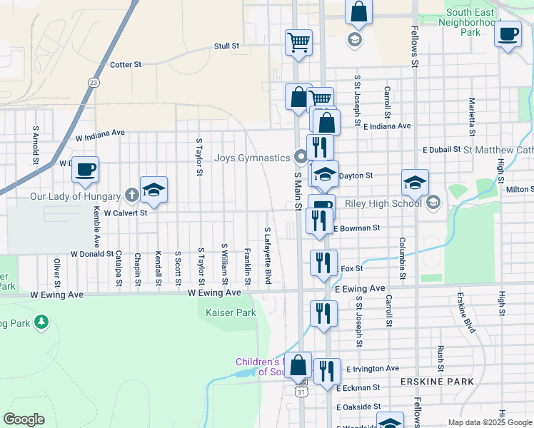 map of restaurants, bars, coffee shops, grocery stores, and more near 1914 South Lafayette Boulevard in South Bend