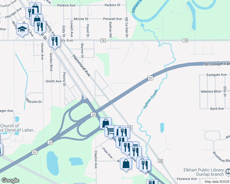 map of restaurants, bars, coffee shops, grocery stores, and more near 24685 Idlewild Avenue in Elkhart