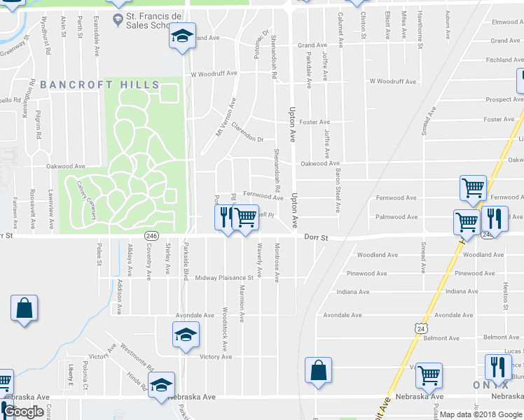 map of restaurants, bars, coffee shops, grocery stores, and more near 1950 Crosswell Place in Toledo