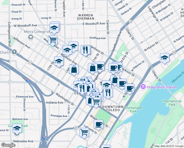 map of restaurants, bars, coffee shops, grocery stores, and more near 1001 Madison Avenue in Toledo