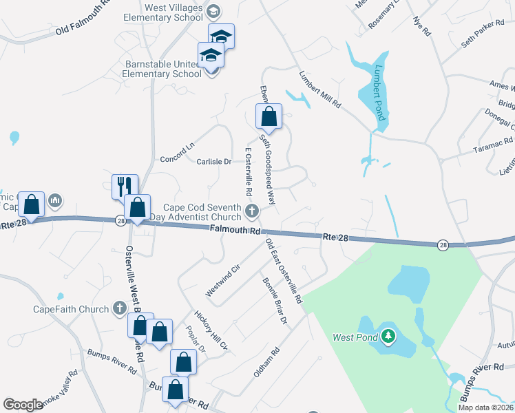 map of restaurants, bars, coffee shops, grocery stores, and more near 7 Nathans Way in Barnstable