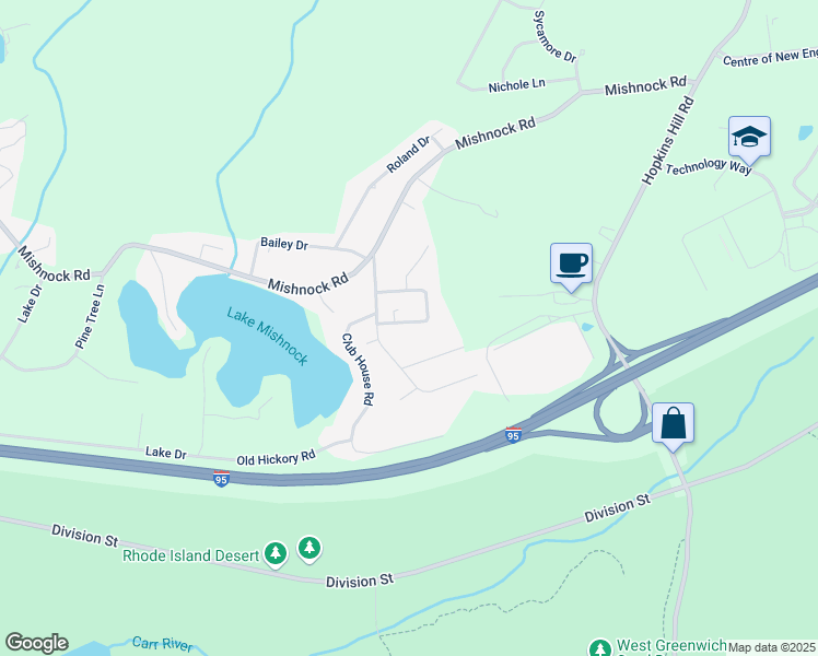 map of restaurants, bars, coffee shops, grocery stores, and more near 46 Mohawk Trail in West Greenwich