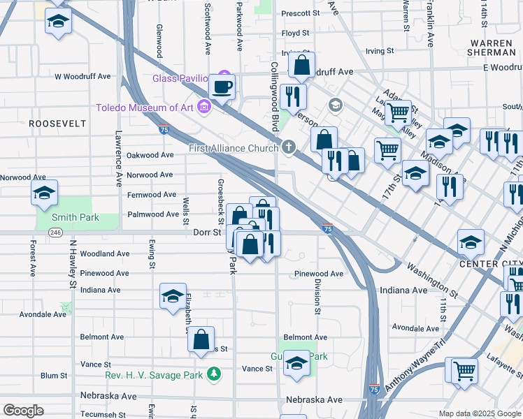 map of restaurants, bars, coffee shops, grocery stores, and more near 514 Palmwood Avenue in Toledo