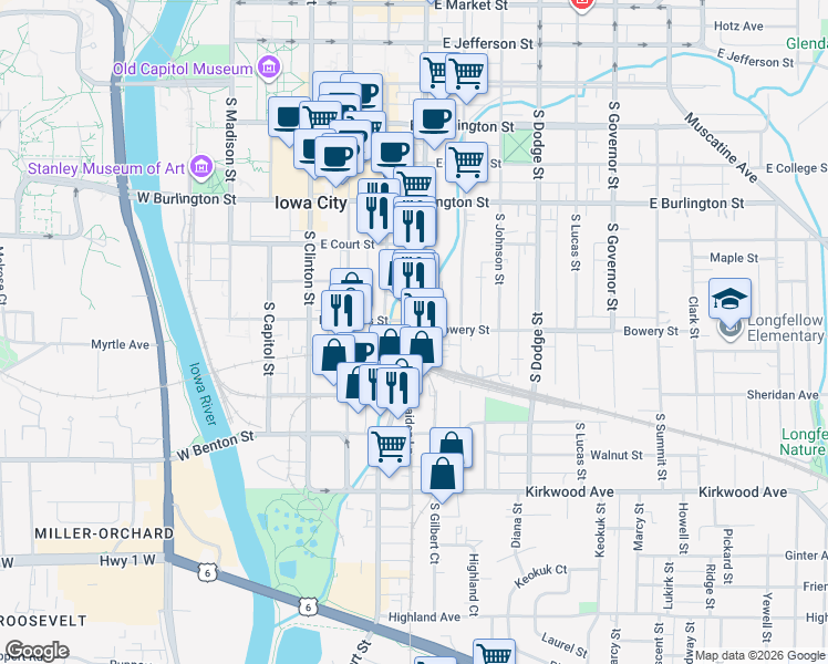 map of restaurants, bars, coffee shops, grocery stores, and more near 601 South Gilbert Street in Iowa City